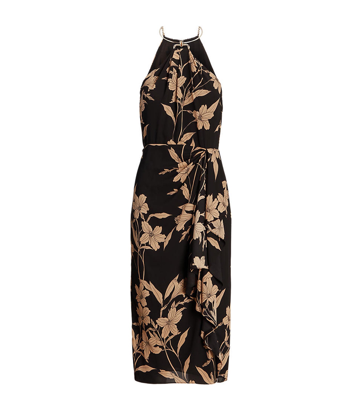 Women's Floral Georgette Halter Dress Black/Tan