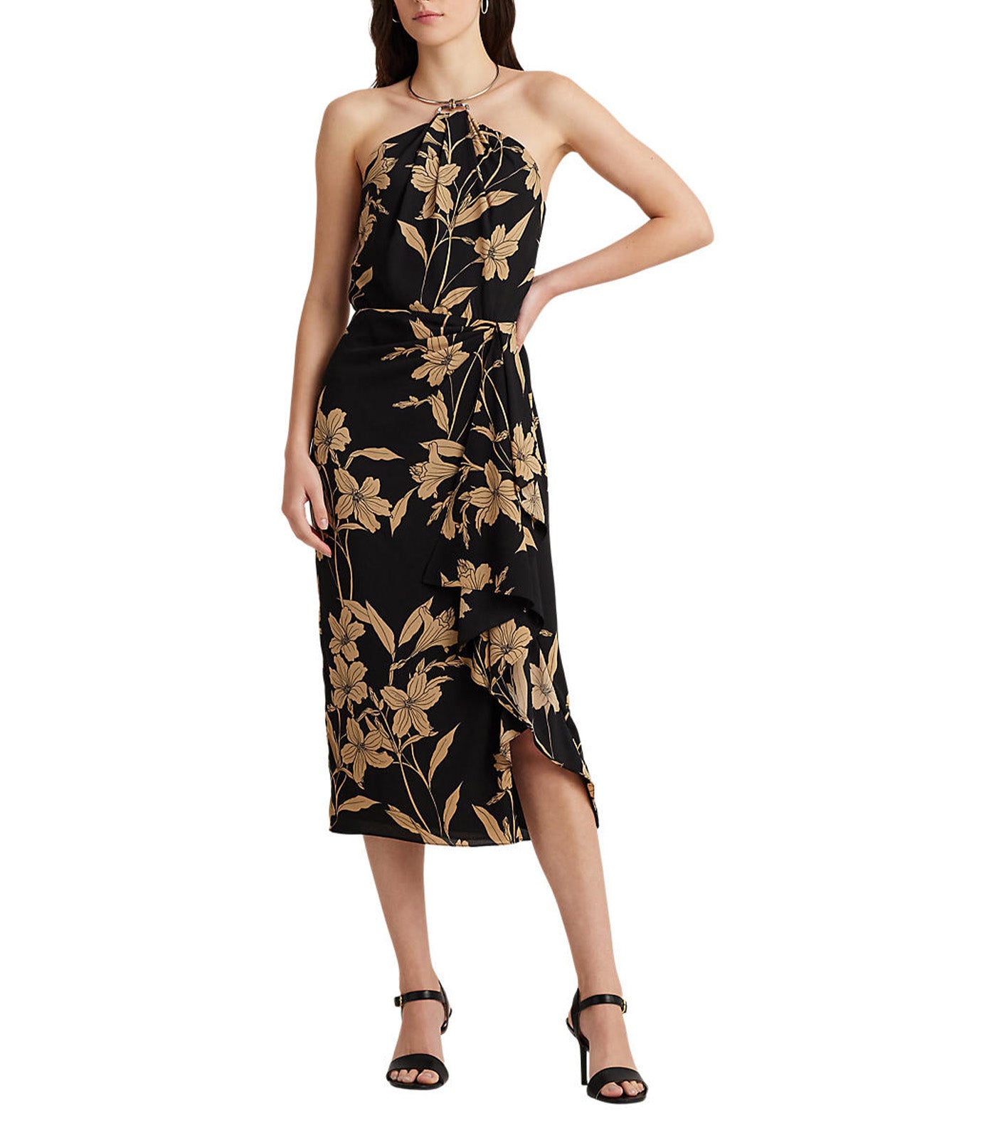 Women's Floral Georgette Halter Dress Black/Tan