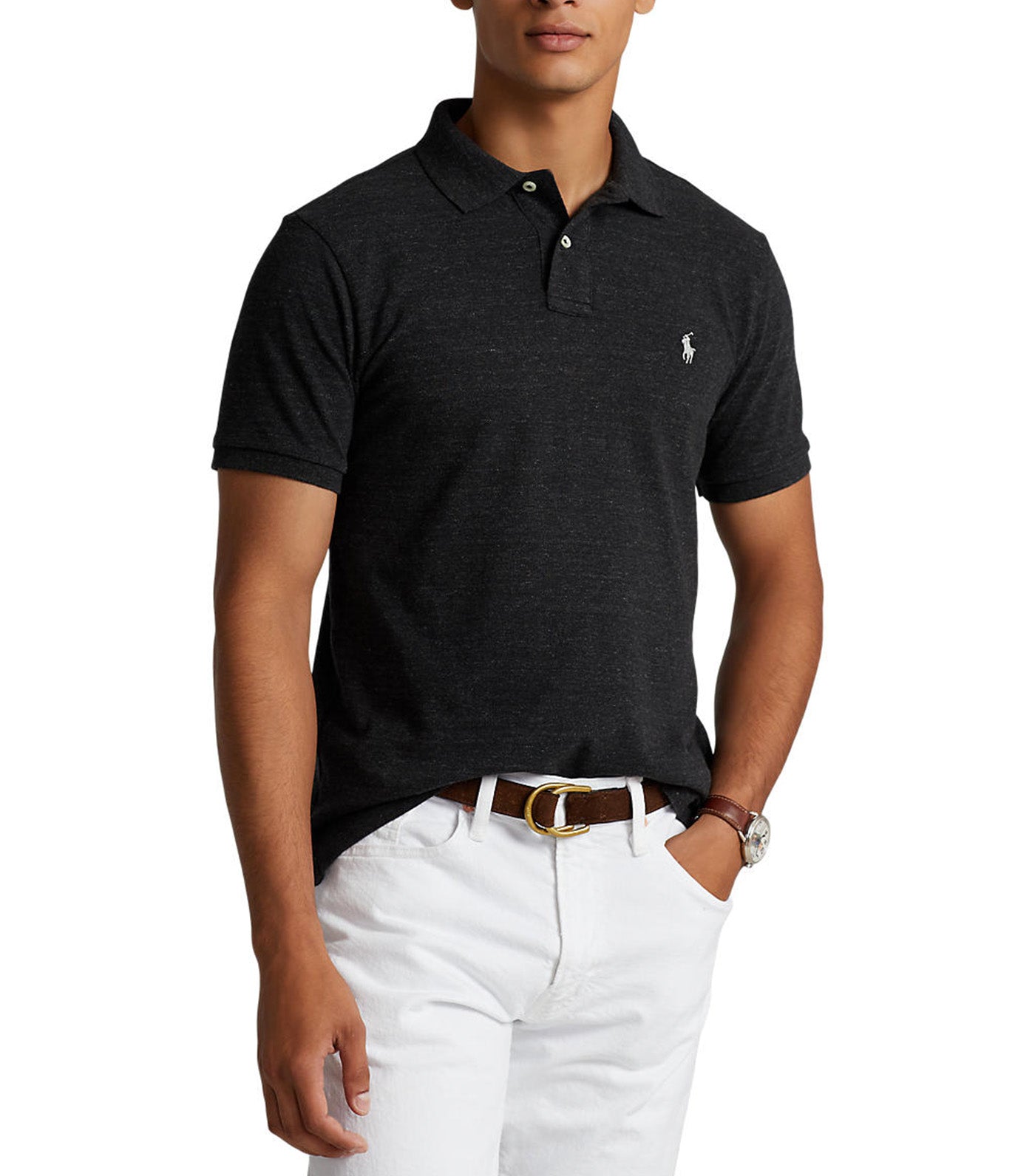 Men's Custom Slim Fit Mesh Polo Shirt Black Marl Heather