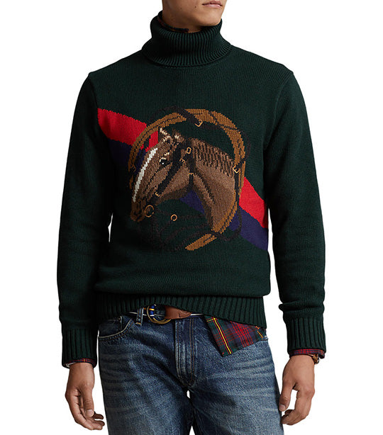 Men's Horsehead Cotton Turtleneck Sweater Hunt Club Green Combo