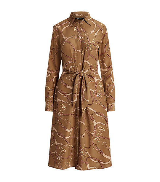 Women's Belting-Print Tie-Front Crepe Shirtdress Camel Multi