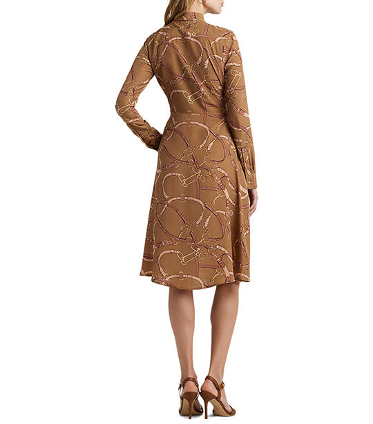 Women's Belting-Print Tie-Front Crepe Shirtdress Camel Multi