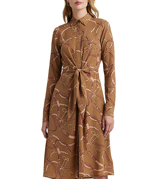 Women's Belting-Print Tie-Front Crepe Shirtdress Camel Multi