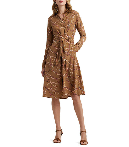 Women's Belting-Print Tie-Front Crepe Shirtdress Camel Multi