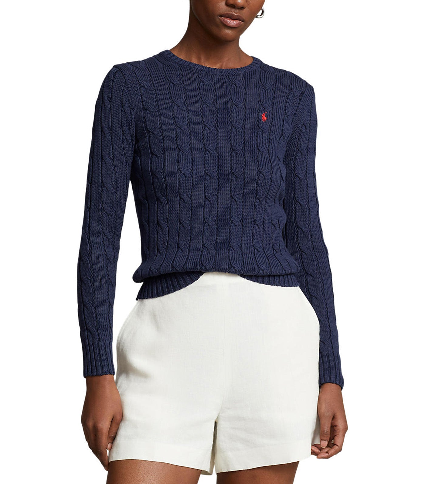 Women's Cable-Knit Cotton Crewneck Sweater Hunter Navy