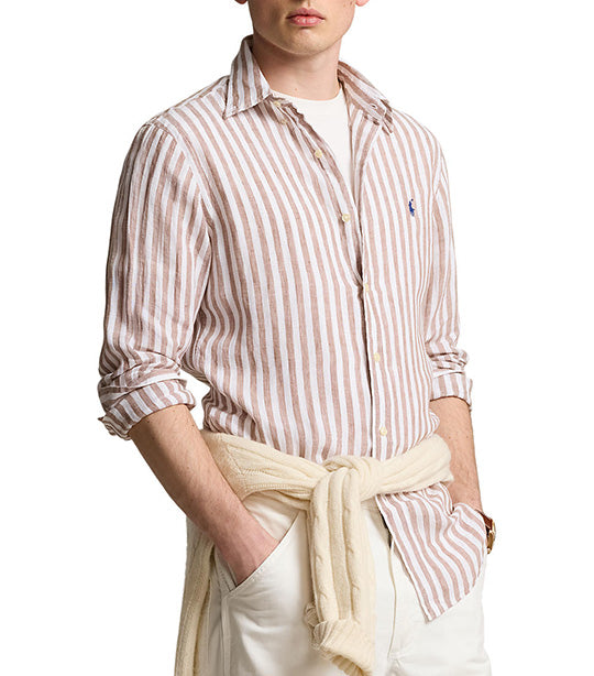 Men's Custom Fit Striped Linen Shirt Khaki/White