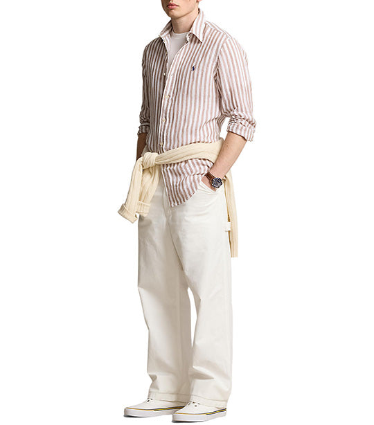 Men's Custom Fit Striped Linen Shirt Khaki/White