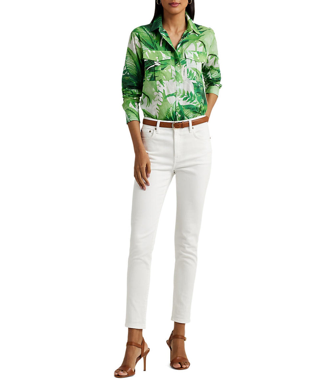 Women's Palm Frond-Print Cotton Voile Shirt Green Multi