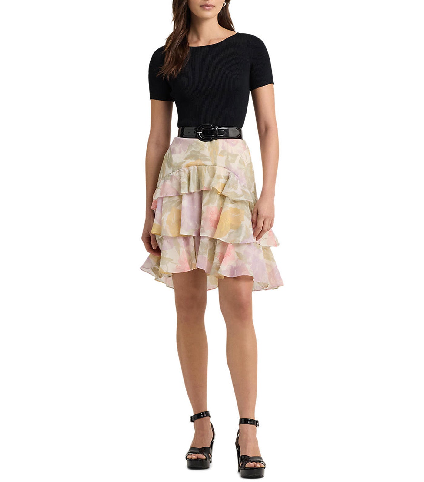Women's Floral Crinkle Georgette Tiered Skirt Cream Multi