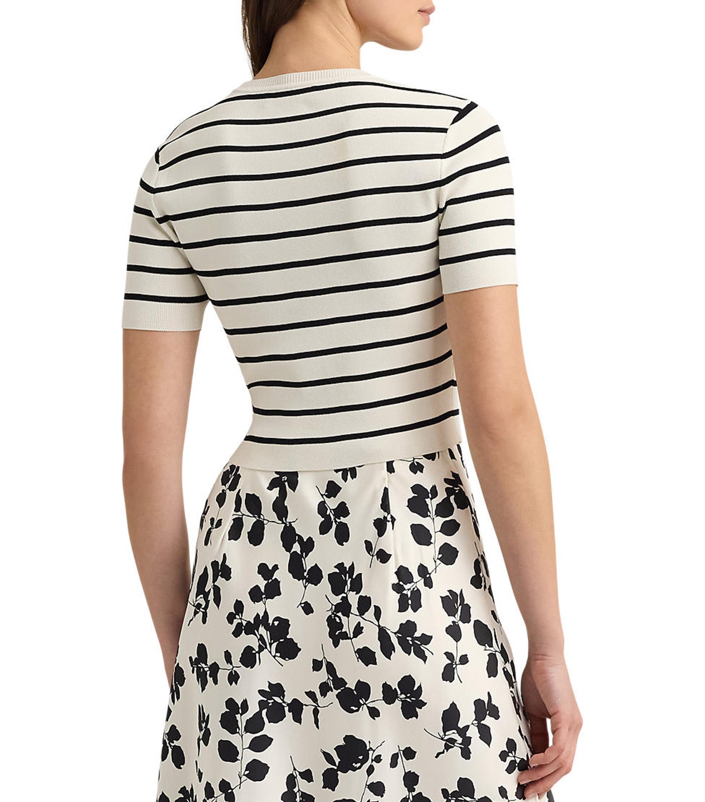 Women's Striped Short-Sleeve Cropped Sweater Mascarpone Cream/Black