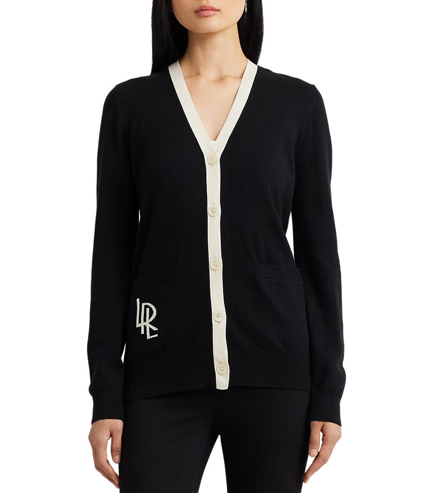 Women's Two-Tone Cotton-Blend Cardigan Black/Mascarpone Cream