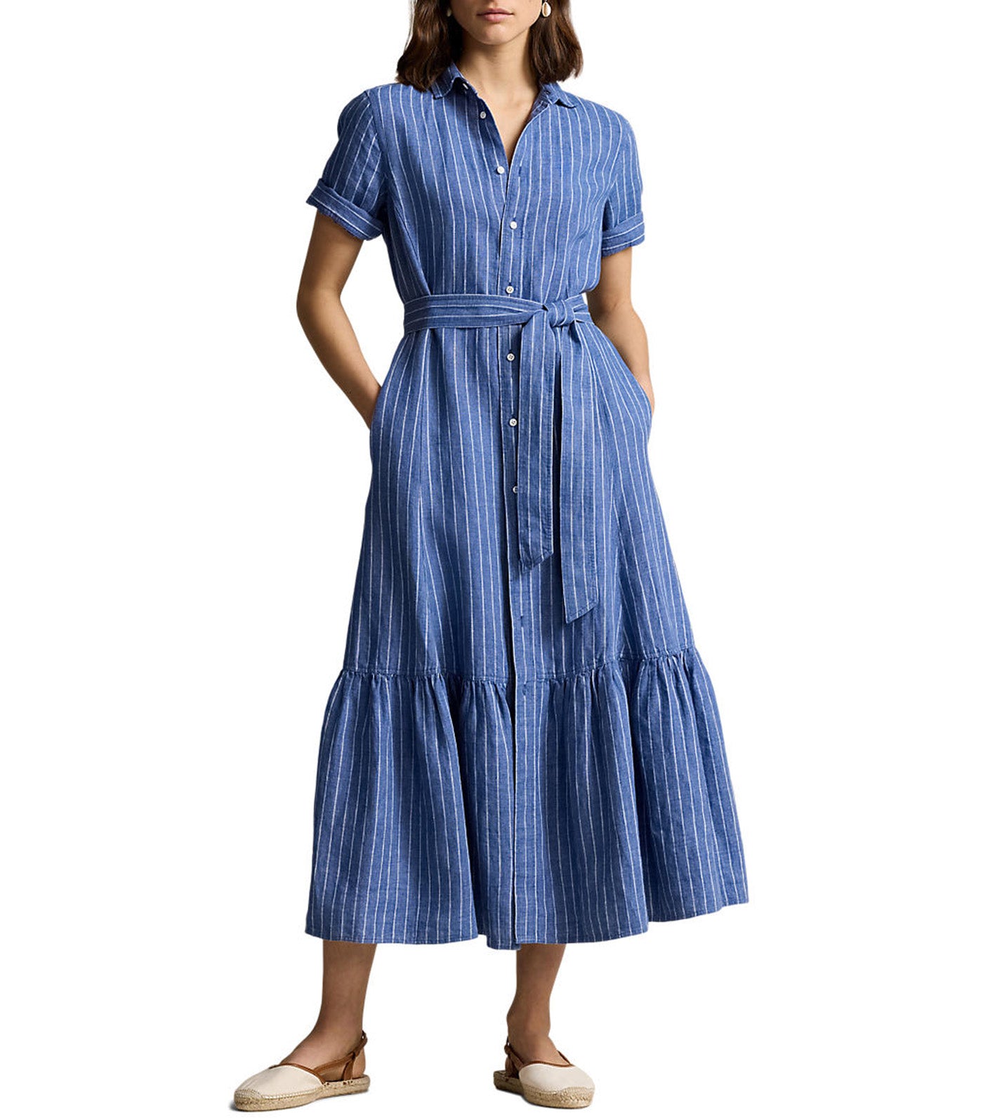 Women's Striped Linen Tiered Shirtdress