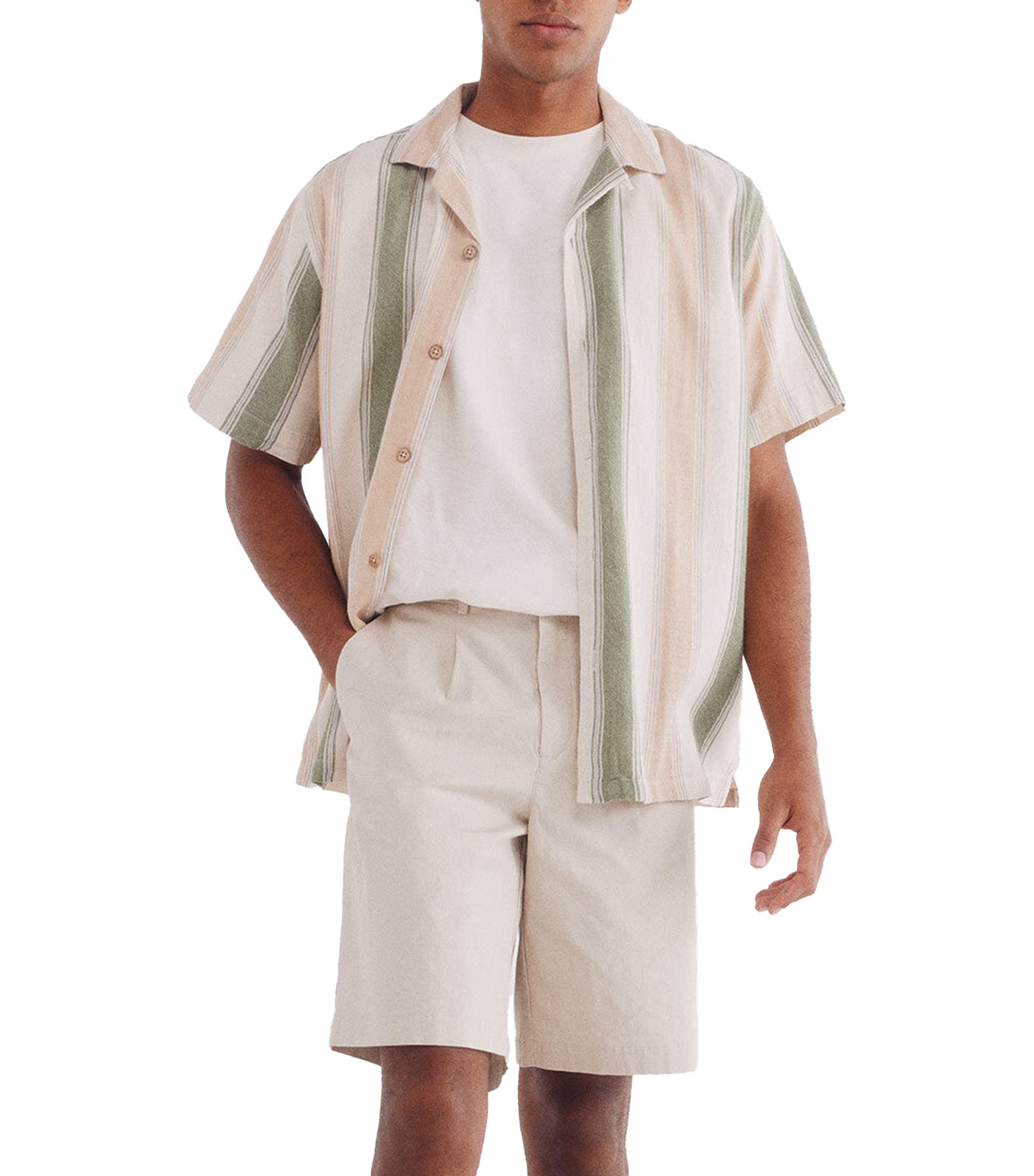 Short-Sleeved Striped Linen Shirt Beige