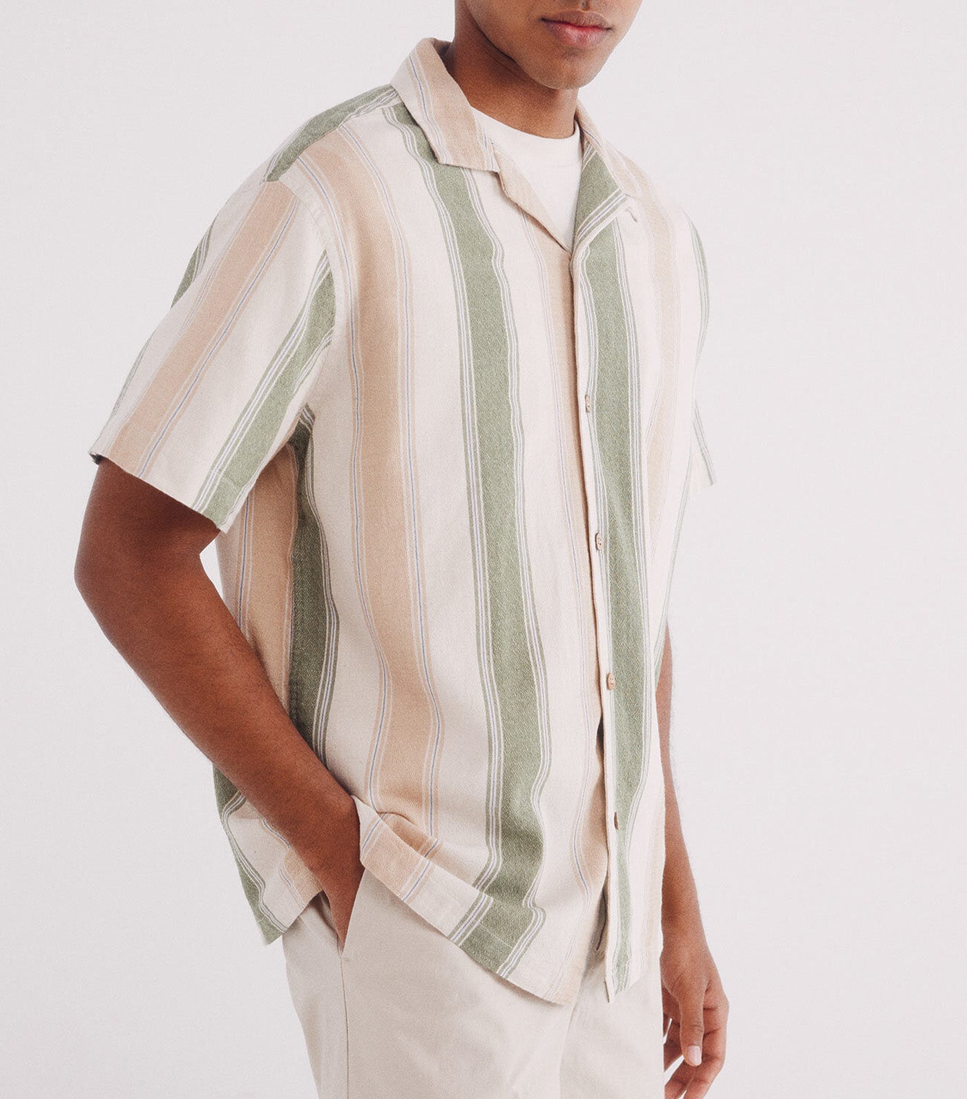 Short-Sleeved Striped Linen Shirt Beige