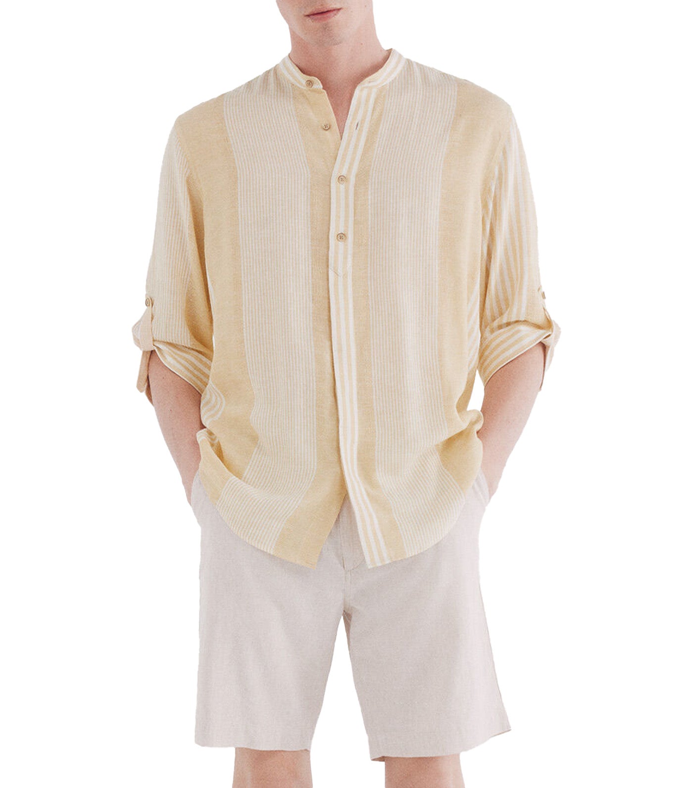 3/4 Striped Linen Viscose Mao Shirt Yellow