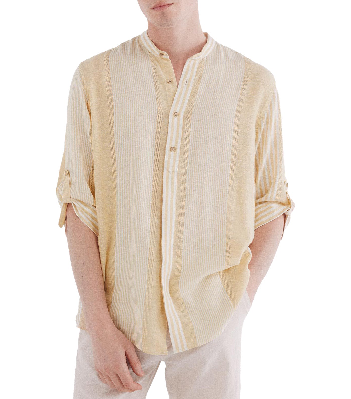 3/4 Striped Linen Viscose Mao Shirt Yellow