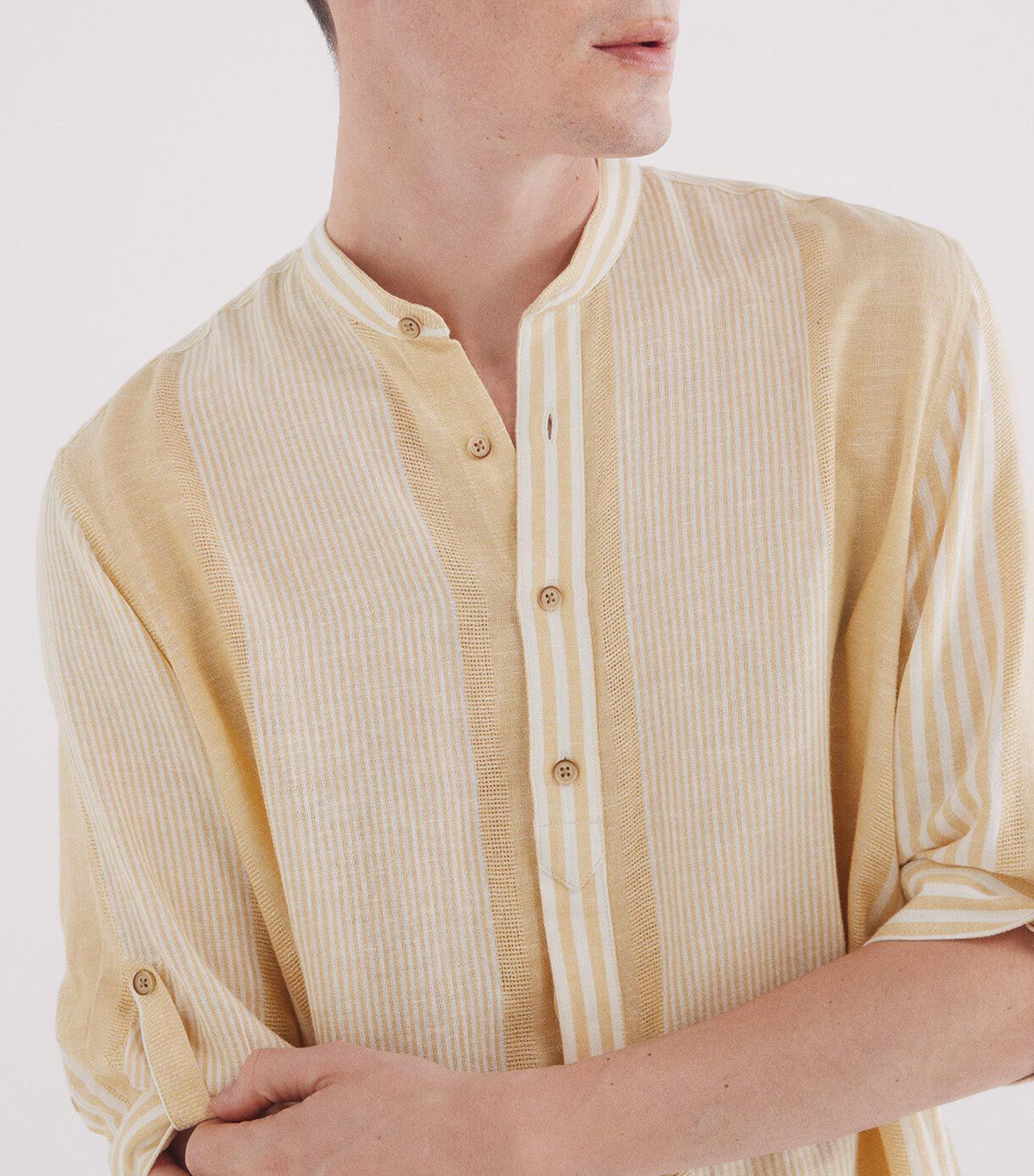 3/4 Striped Linen Viscose Mao Shirt Yellow