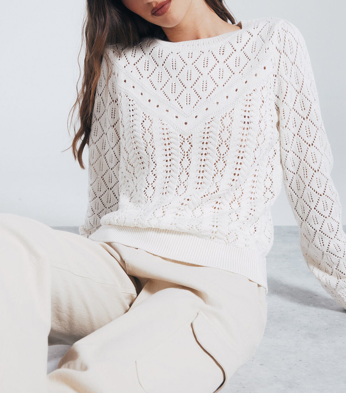 Springfield Pointelle Knitted Sweater White Print