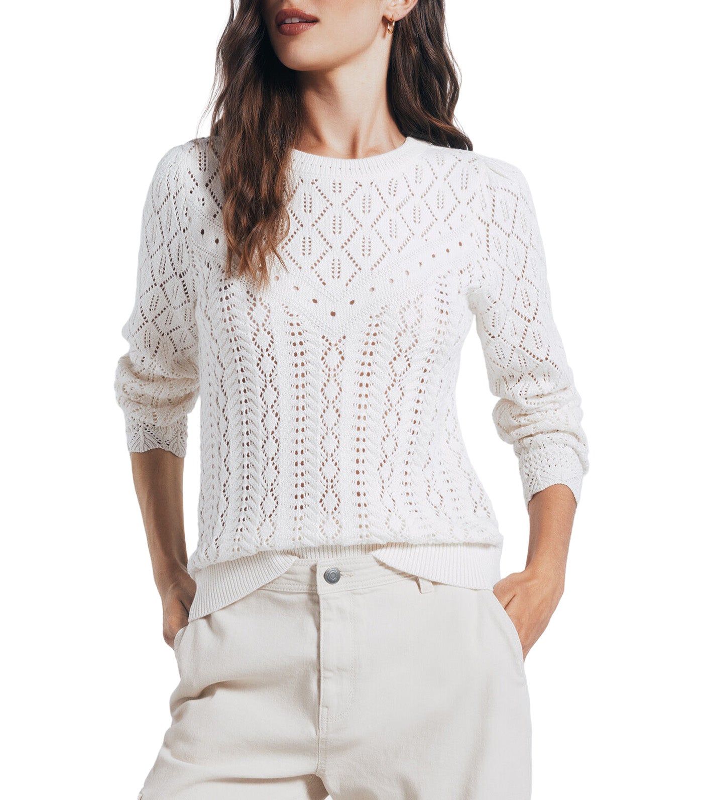 Springfield Pointelle Knitted Sweater White Print