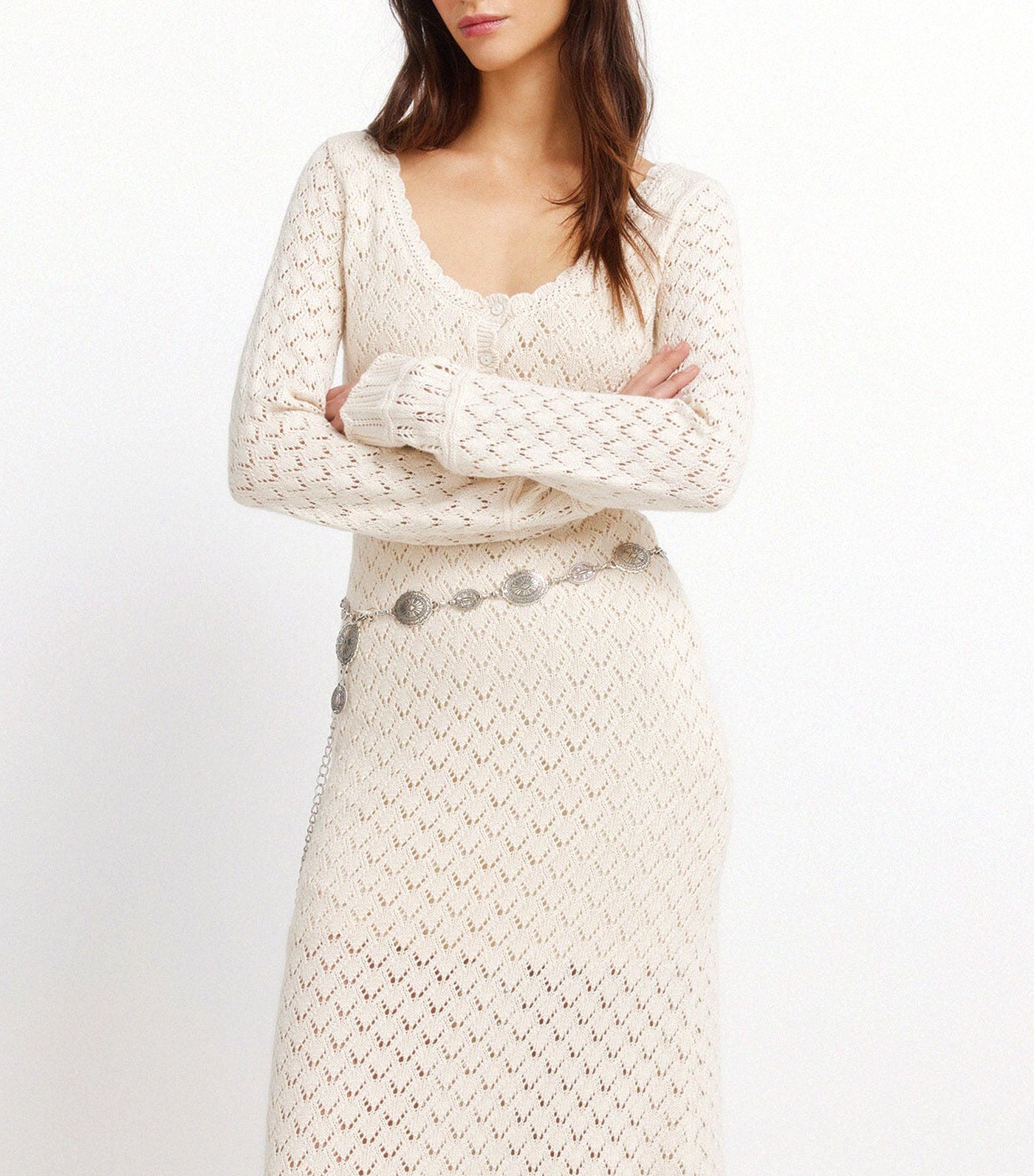 Pointelle Jersey-Knit Midi Dress Beige