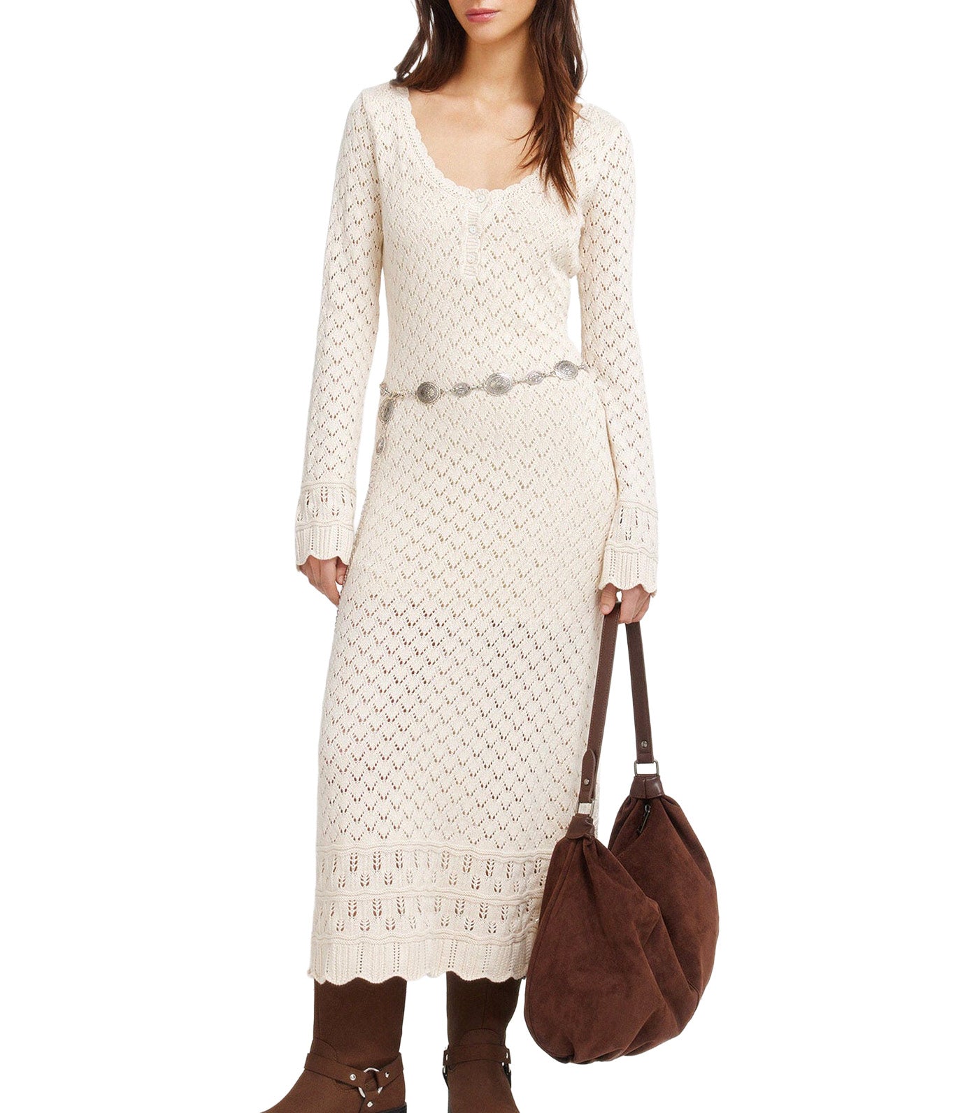 Pointelle Jersey-Knit Midi Dress Beige