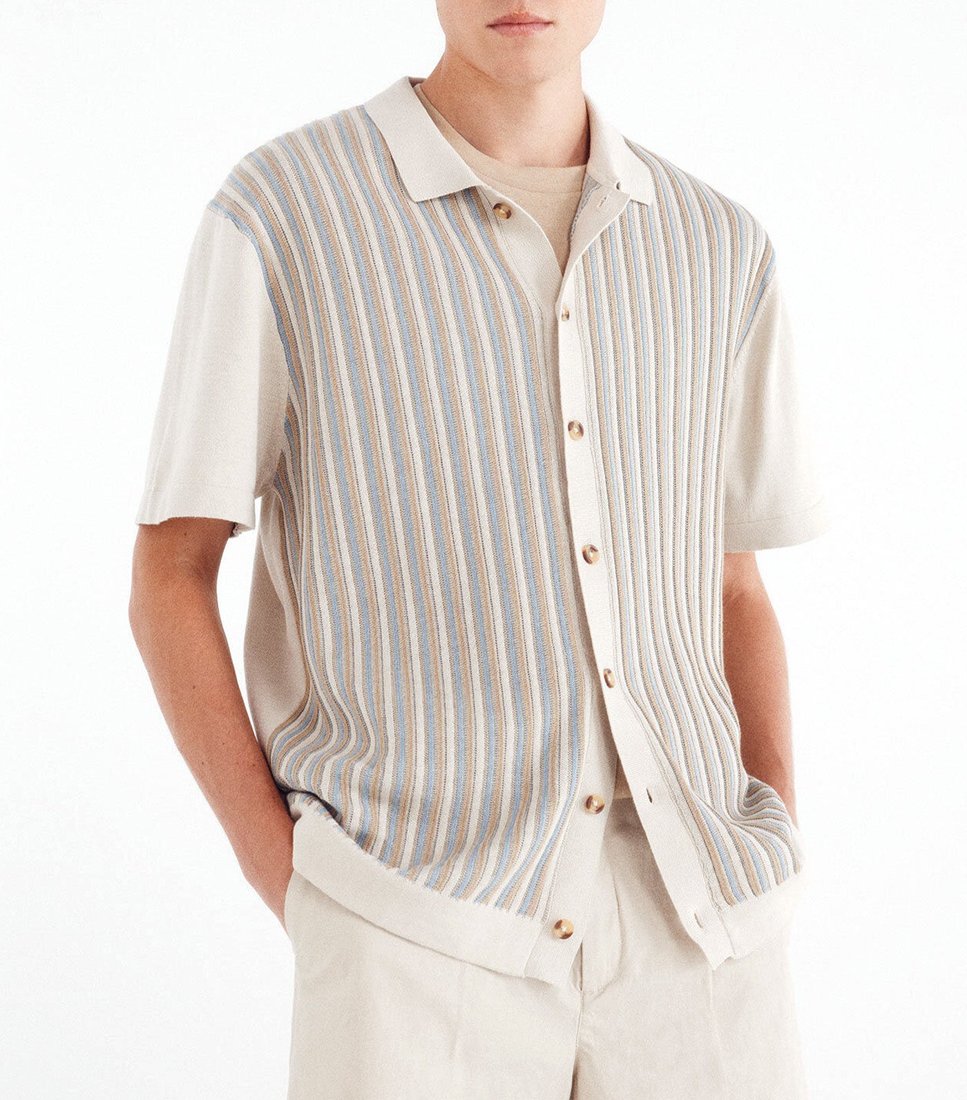 Short-Sleeved Cardigan with Vertical Stripes Beige