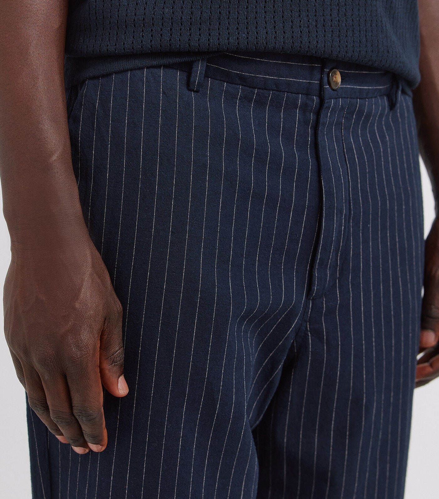 Striped Linen Straight Fit Chinos Dark Blue