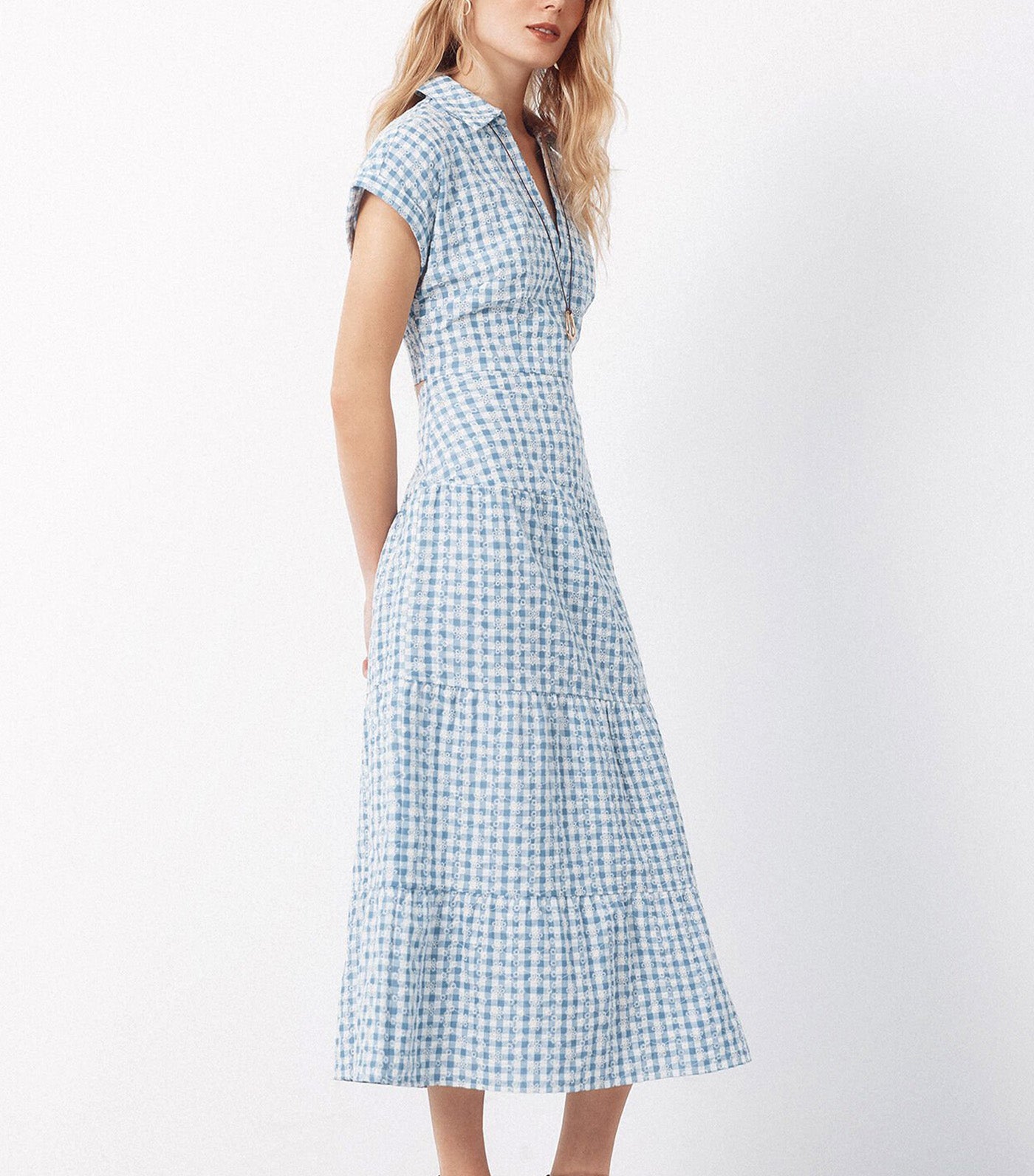 Embroidered Gingham Dress Blue Print