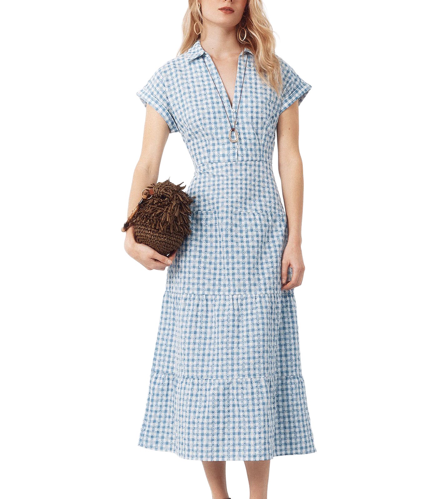 Embroidered Gingham Dress Blue Print