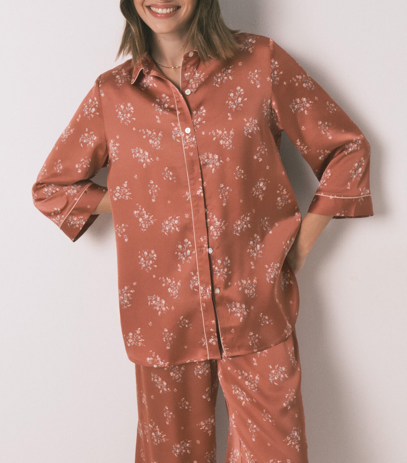 Long Satin Pajama Shirt Brown