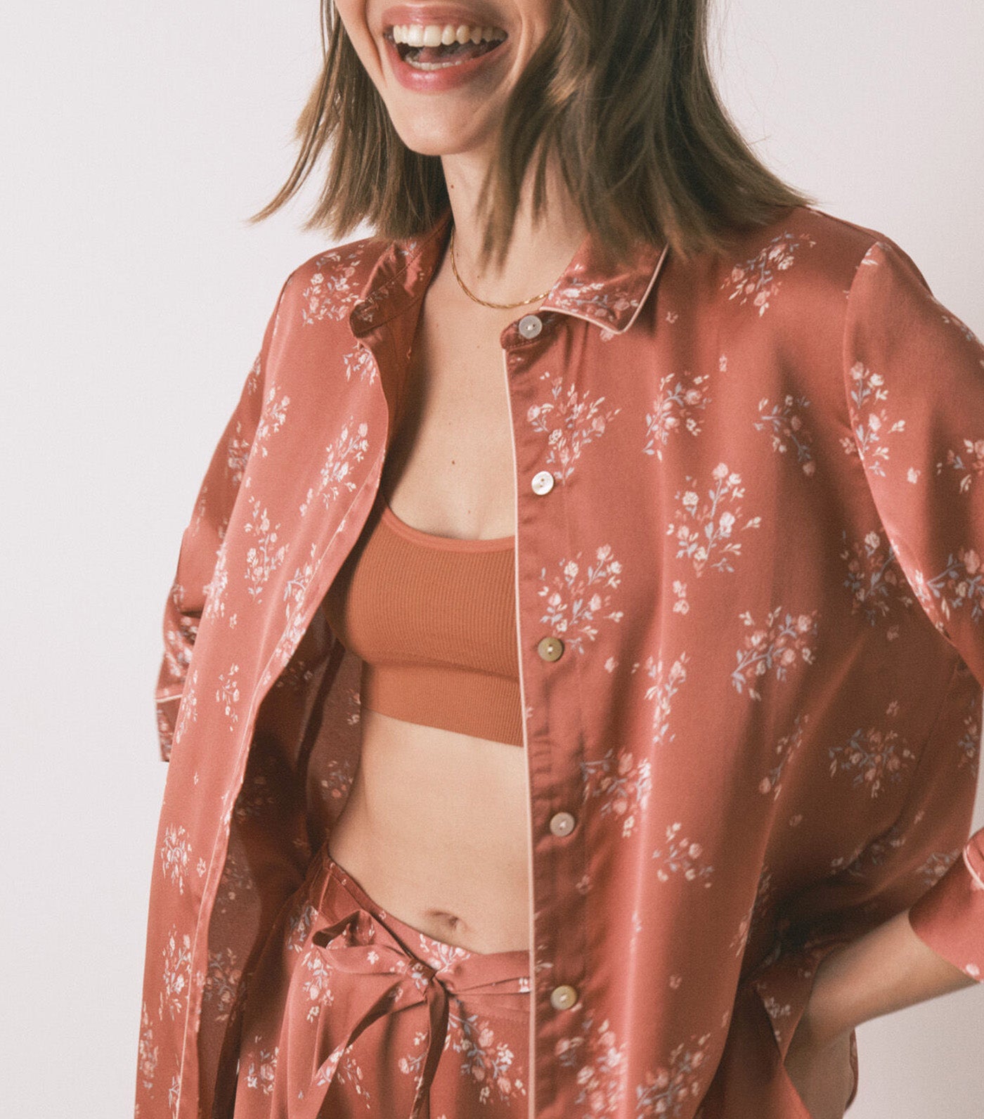 Long Satin Pajama Shirt Brown