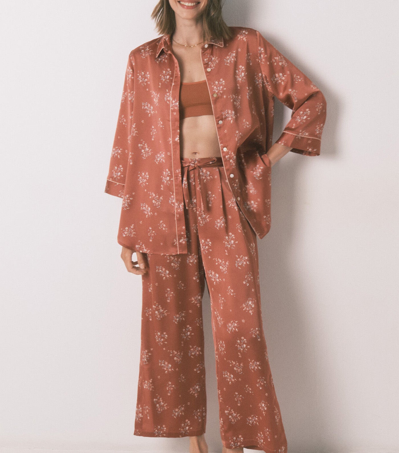 Long Satin Pajama Shirt Brown
