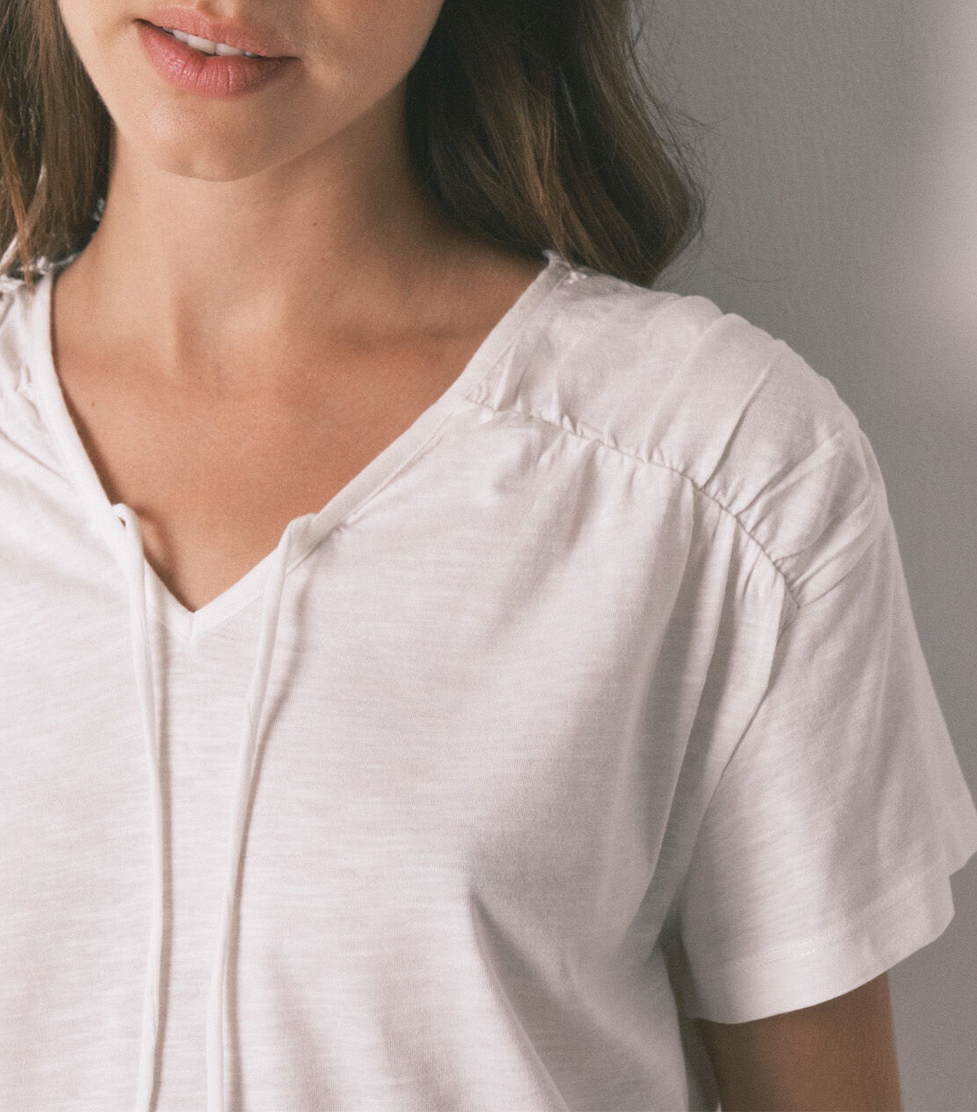 Cotton Ruched Short Sleeve T-Shirt Ivory