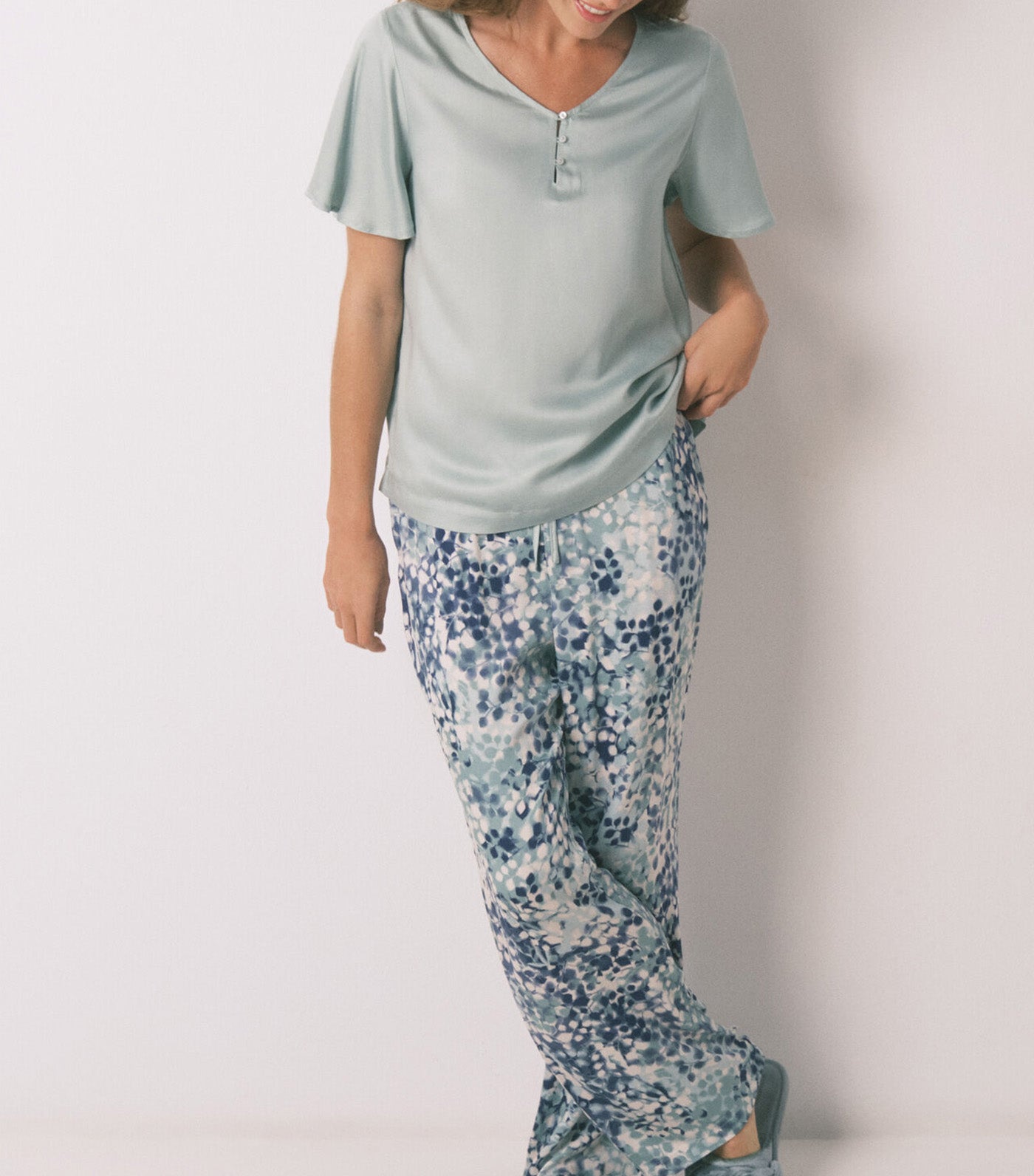 Floral Viscose Satin Pyjamas Green