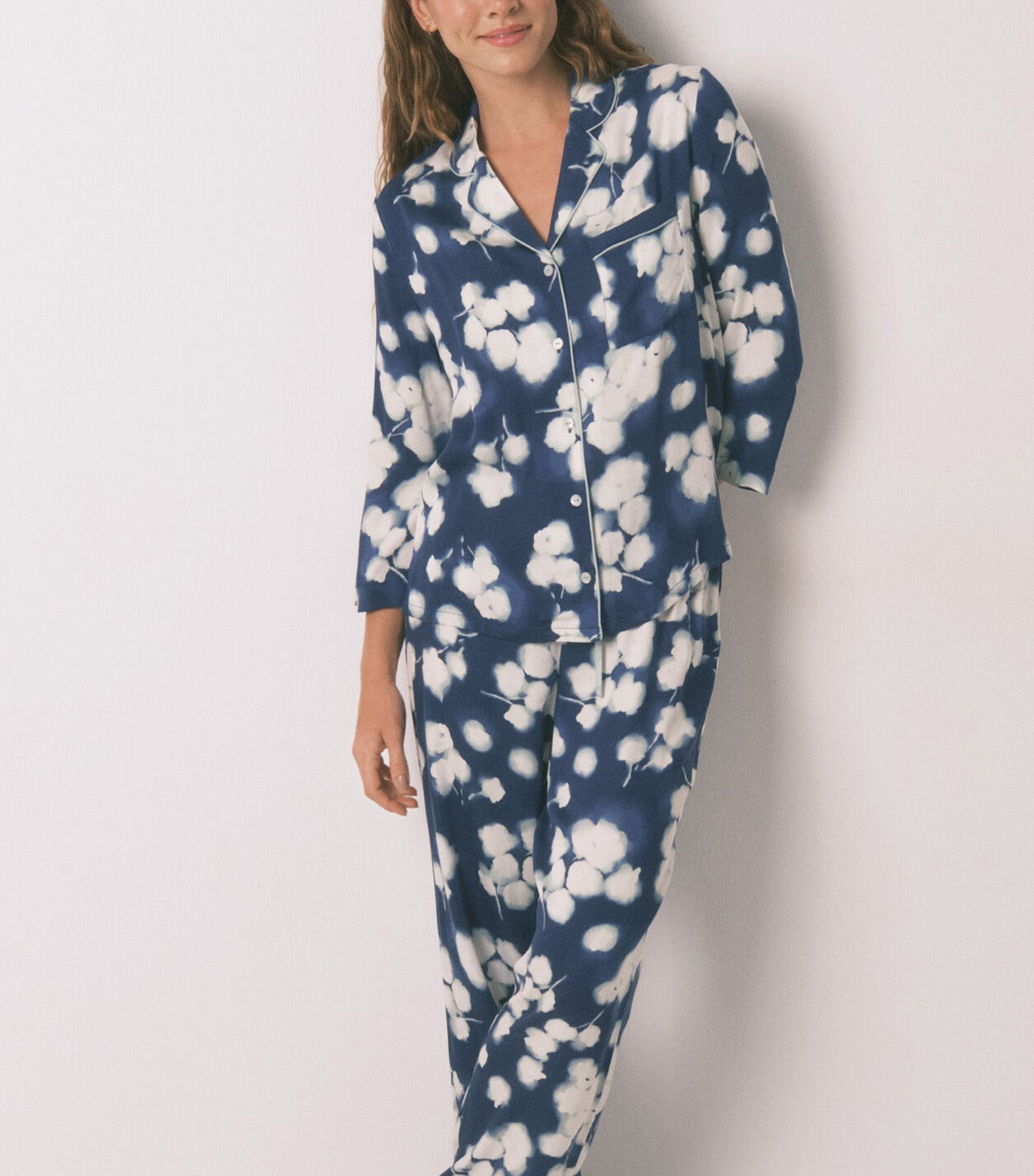Long Floral Viscose Classic Pyjamas Blue