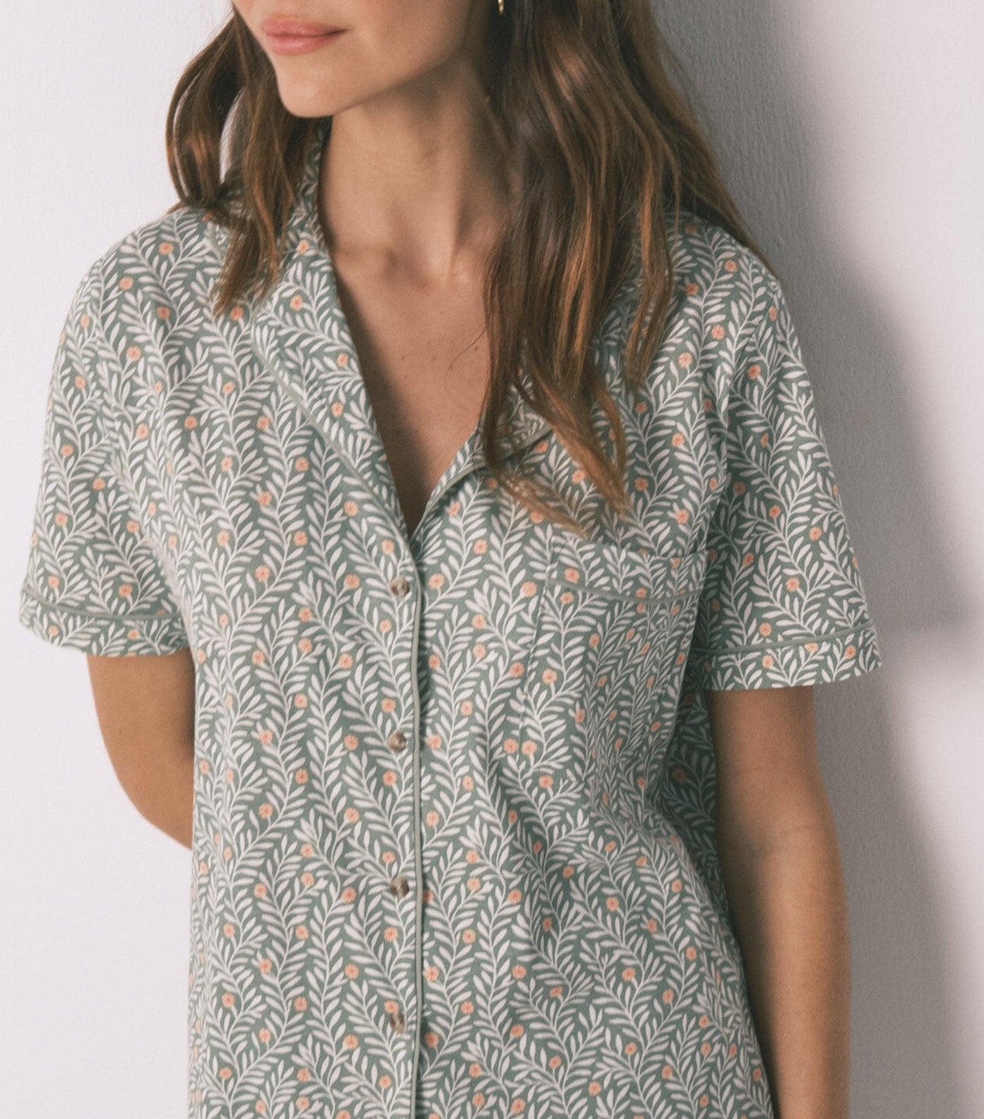Cotton Floral Print Classic Pajamas Green