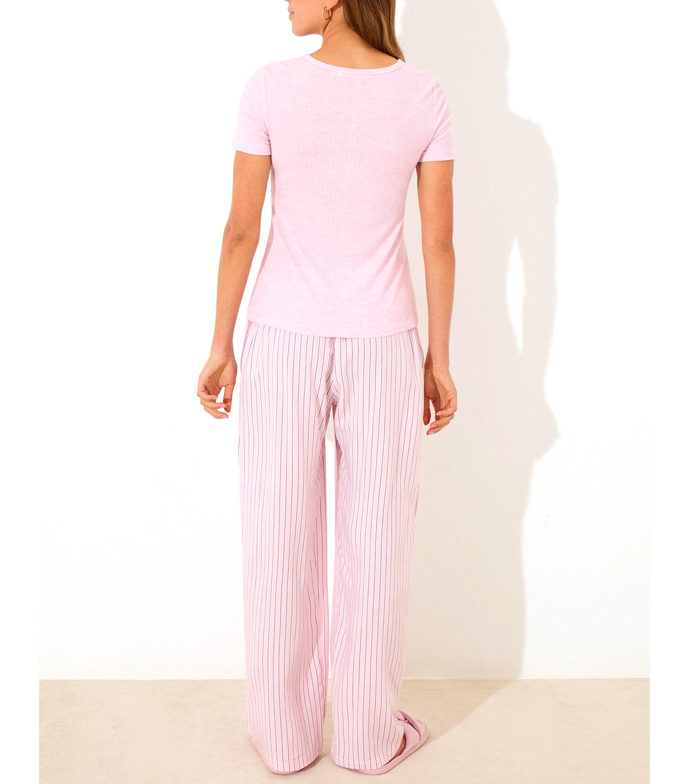Striped Ribbed Viscose Pajamas Pink