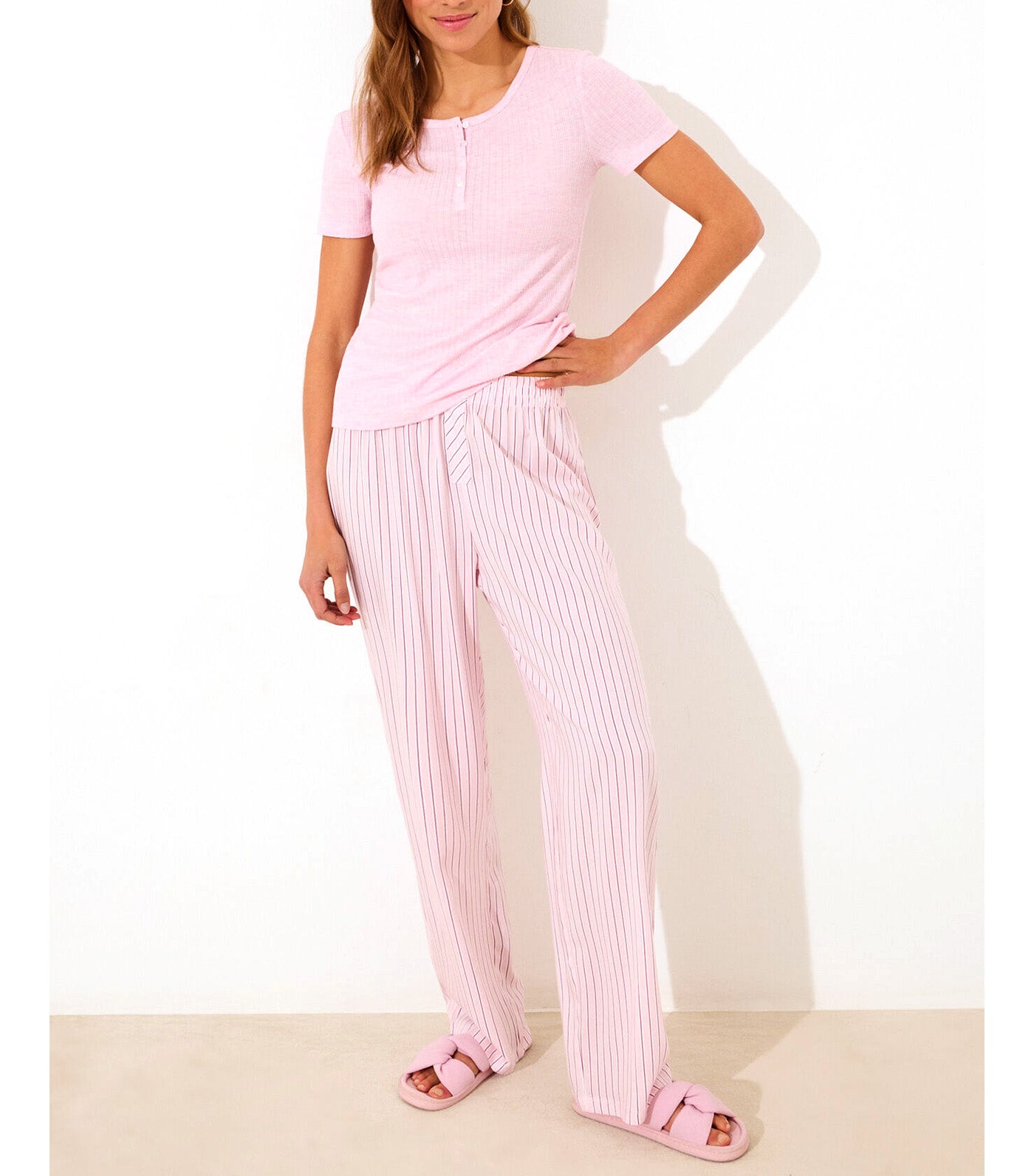 Striped Ribbed Viscose Pajamas Pink