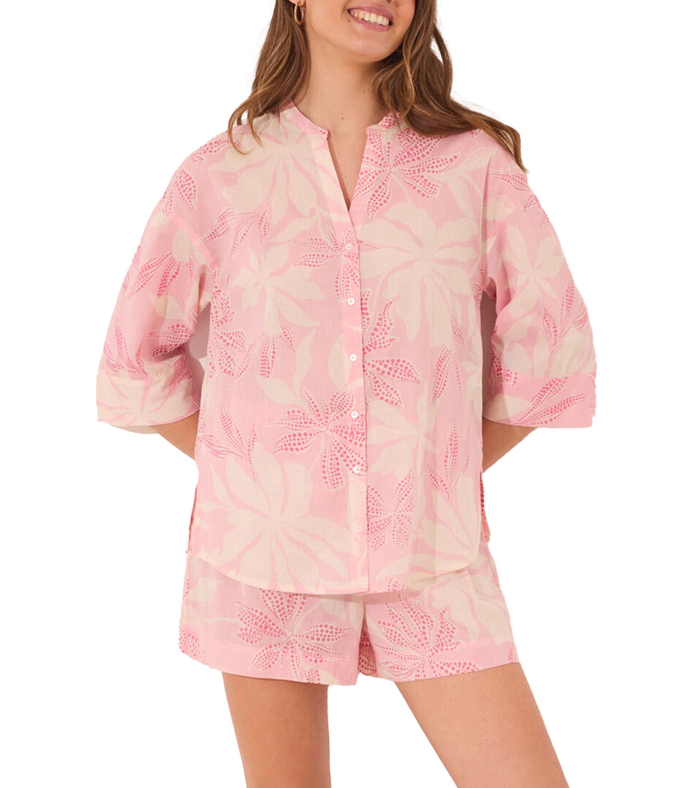 100% Cotton Voile Pajama Shirt with Floral Print Pink