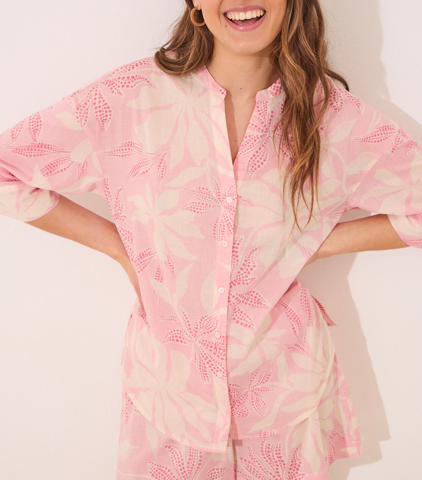 100% Cotton Voile Pajama Shirt with Floral Print Pink