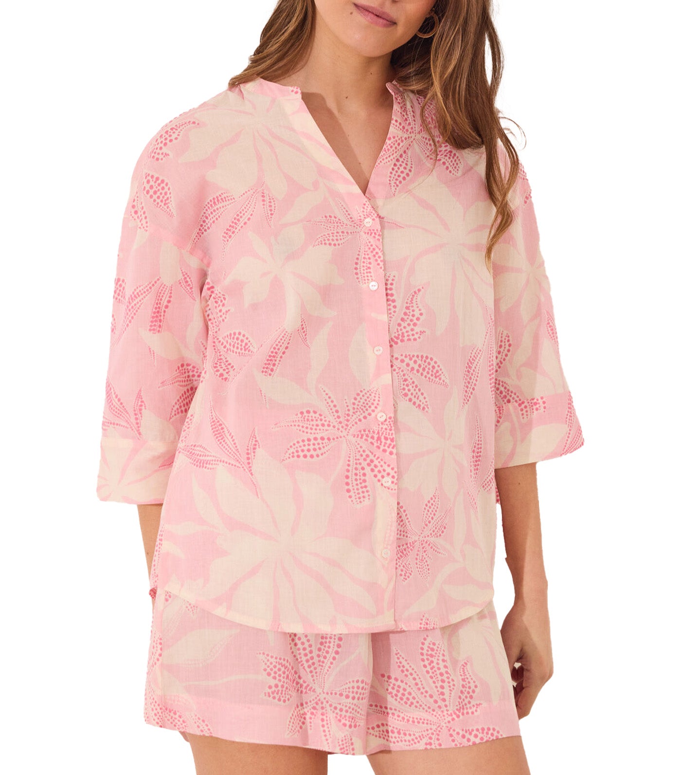 100% Cotton Voile Pajama Shirt with Floral Print Pink