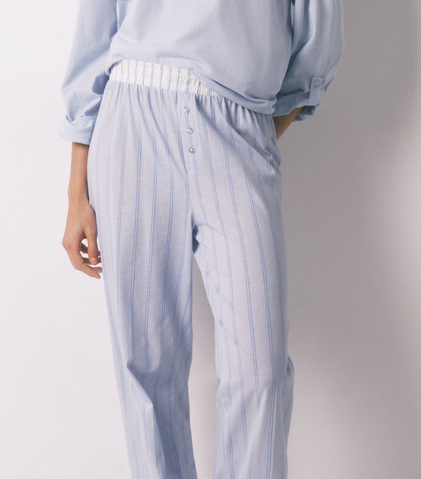 Striped Cotton Long Trousers Blue