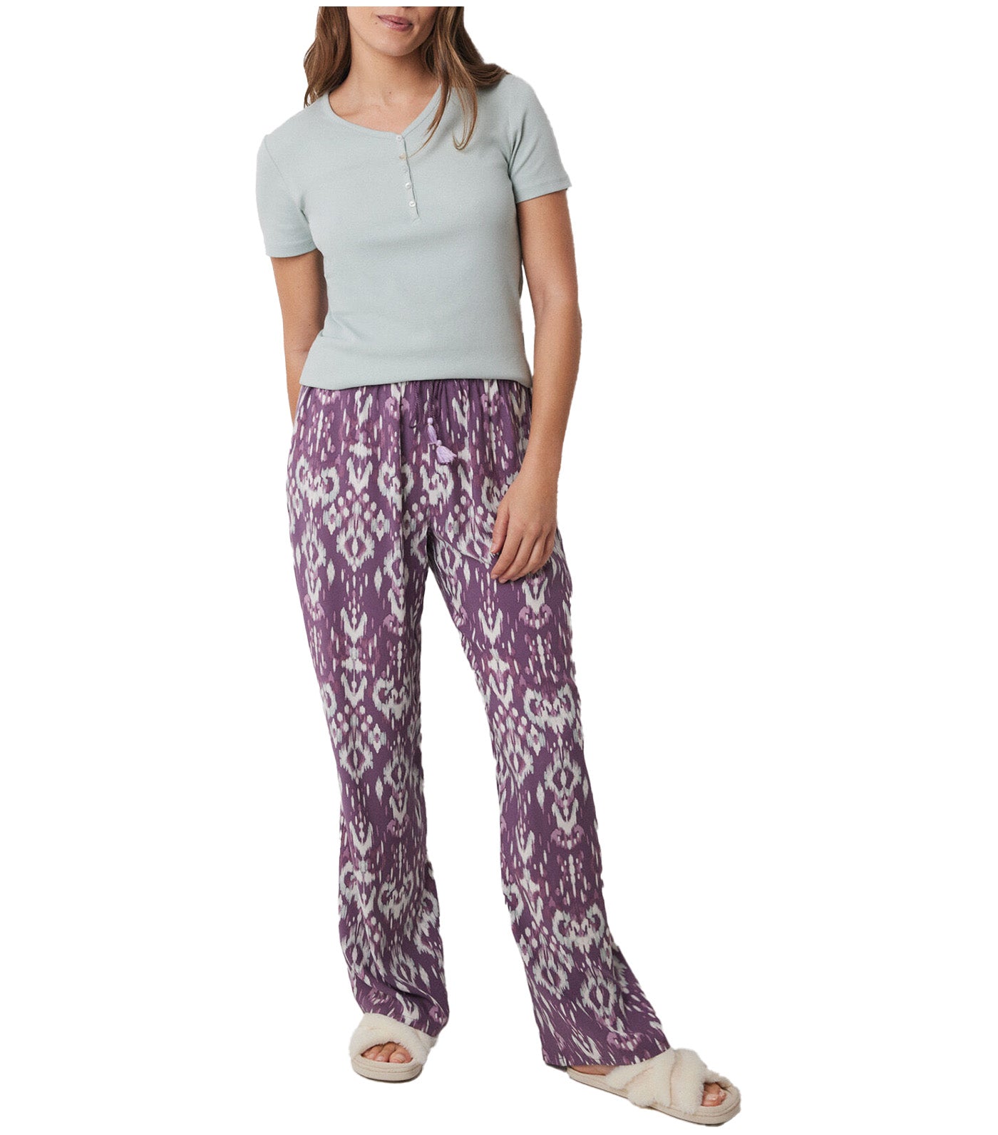 Long Viscose Trousers with Ikat Print Purple