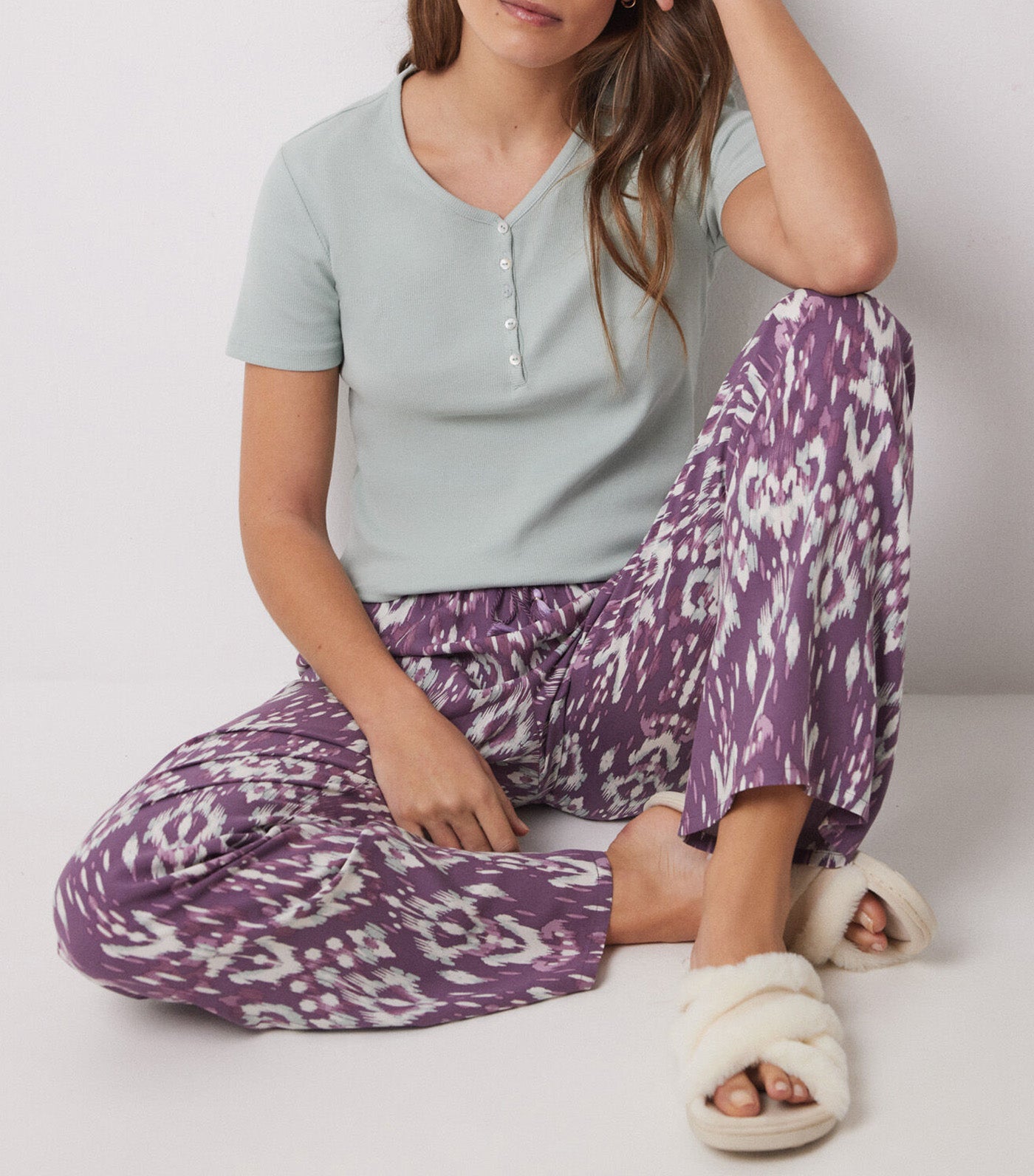 Long Viscose Trousers with Ikat Print Purple