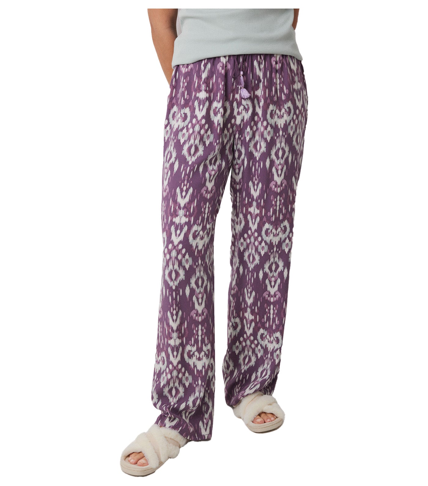 Long Viscose Trousers with Ikat Print Purple