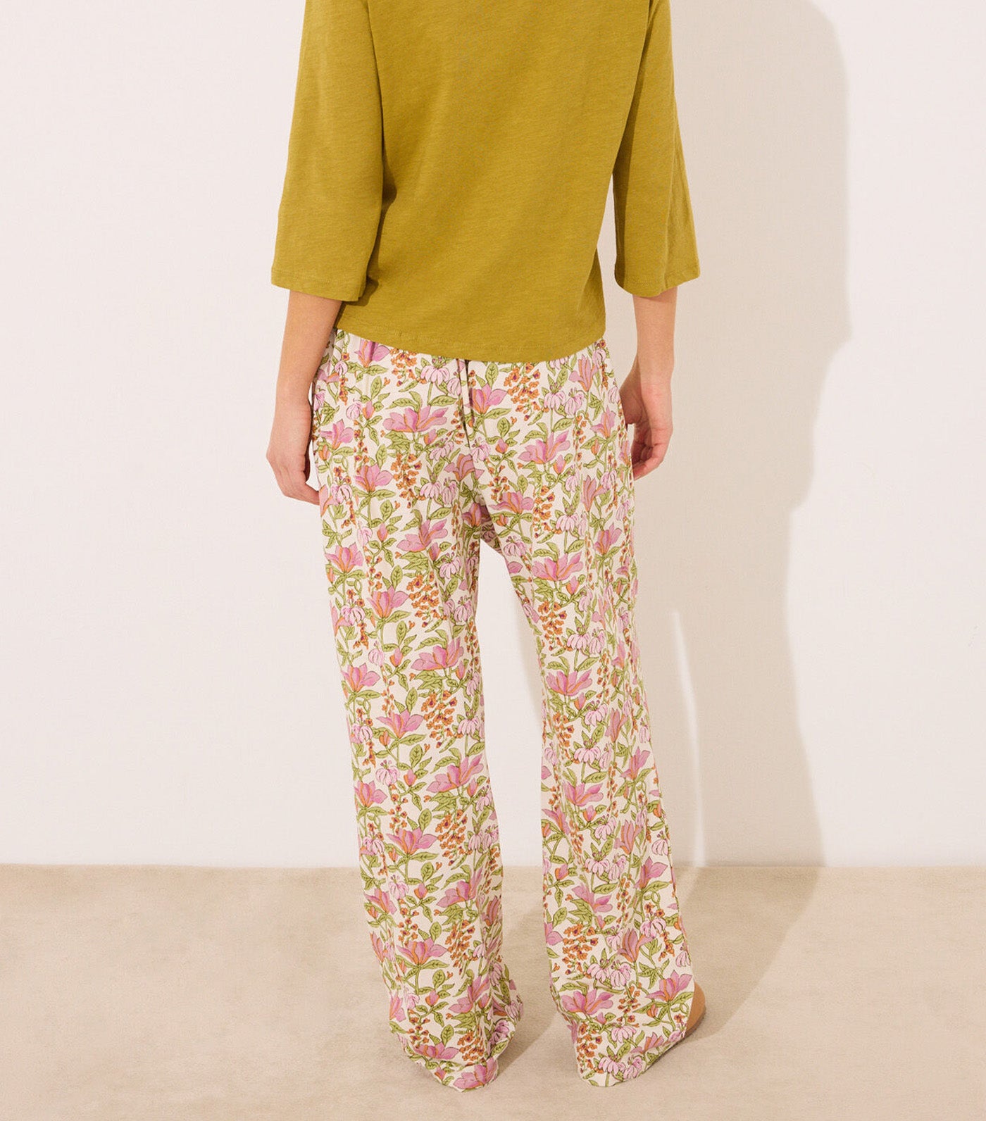 Long Lounge Trouser Cotton Flowers White