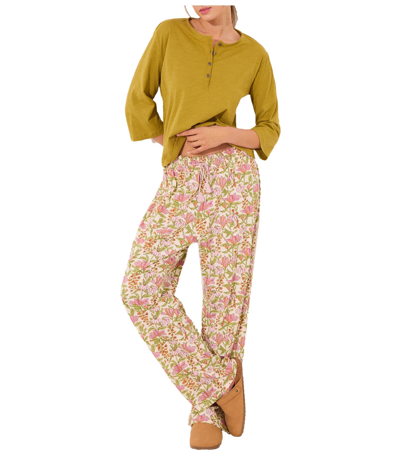 Long Lounge Trouser Cotton Flowers White