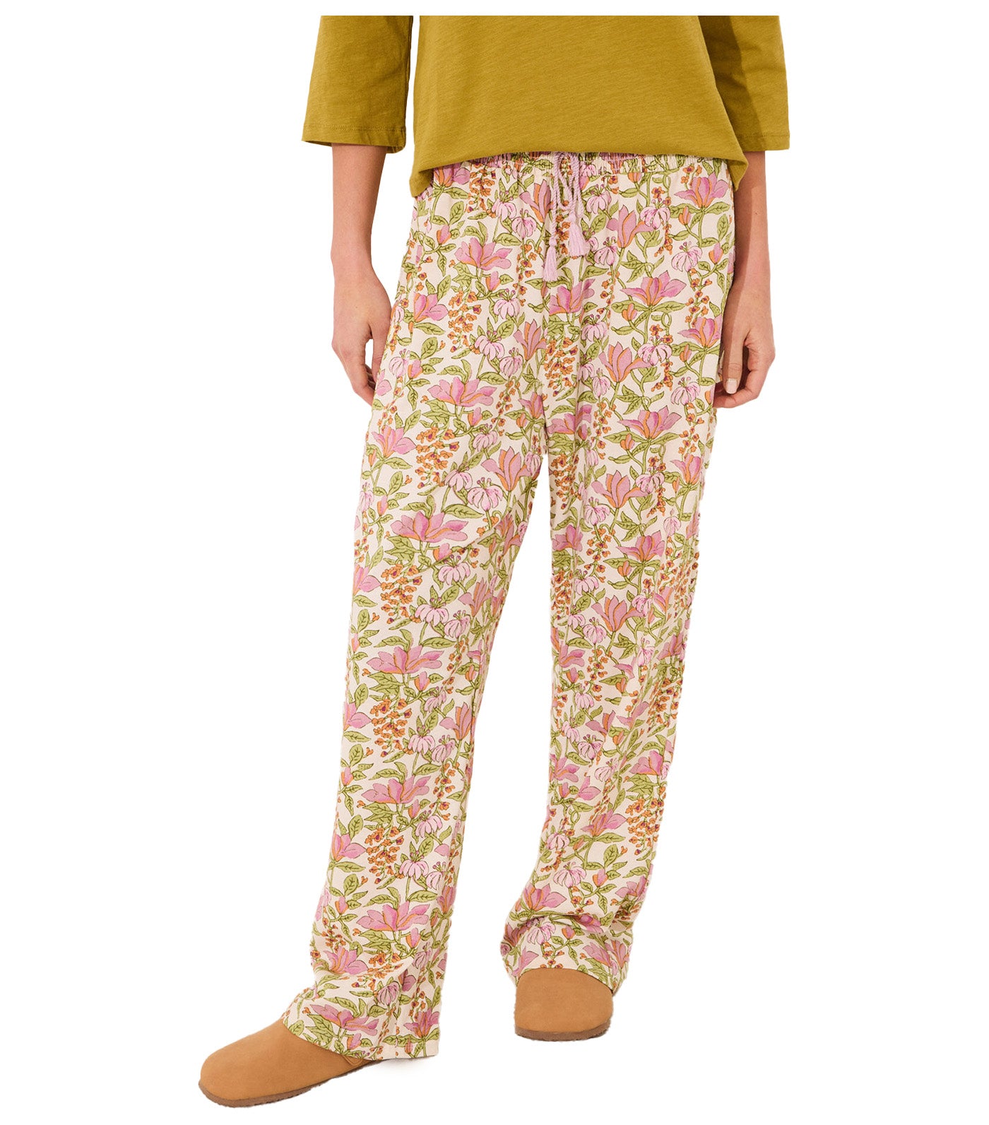 Long Lounge Trouser Cotton Flowers White