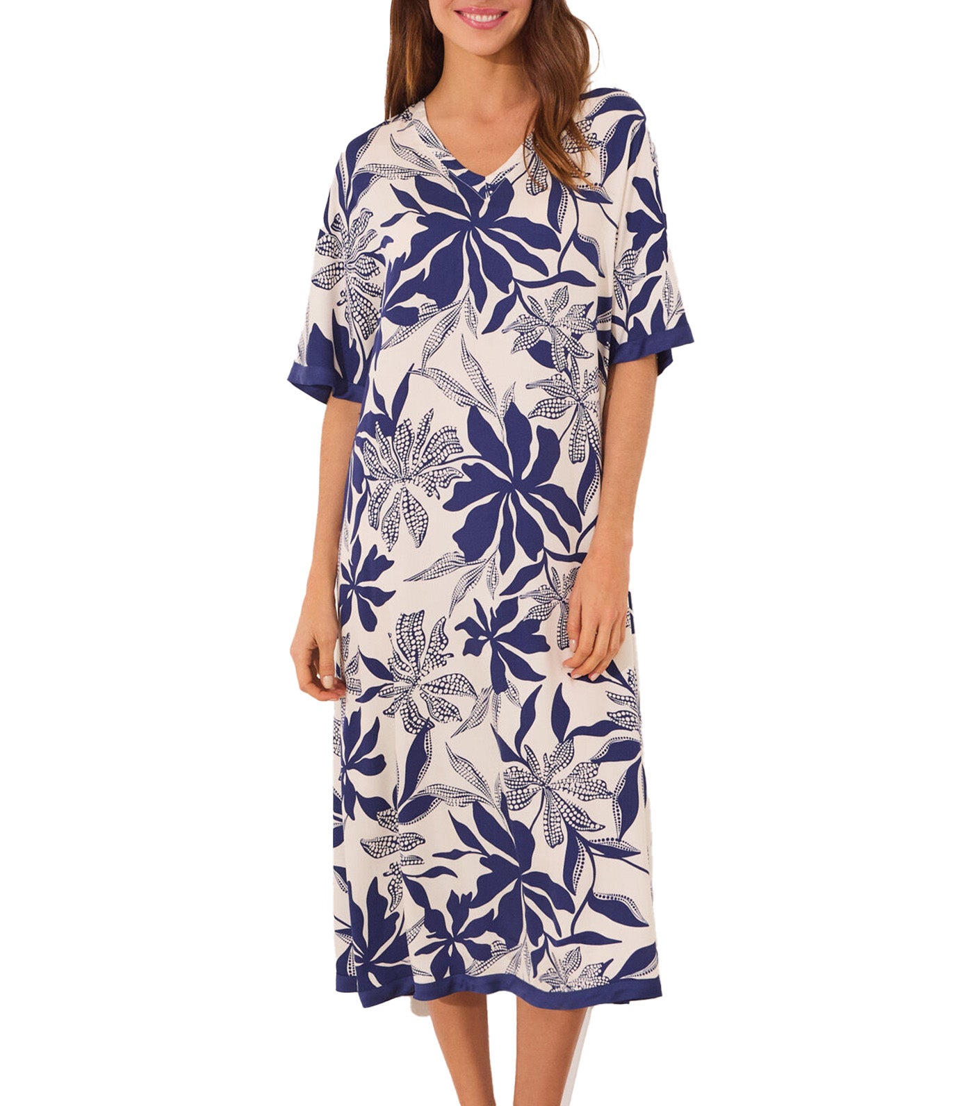 Long Satin Dress Floral Print Navy