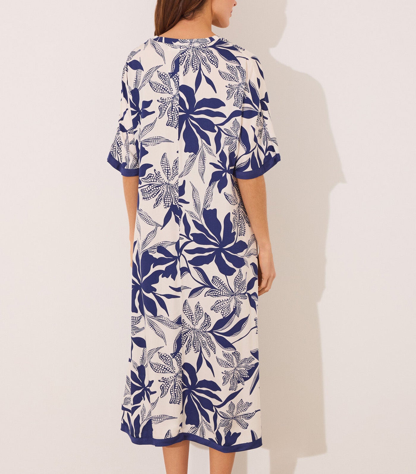 Long Satin Dress Floral Print Navy